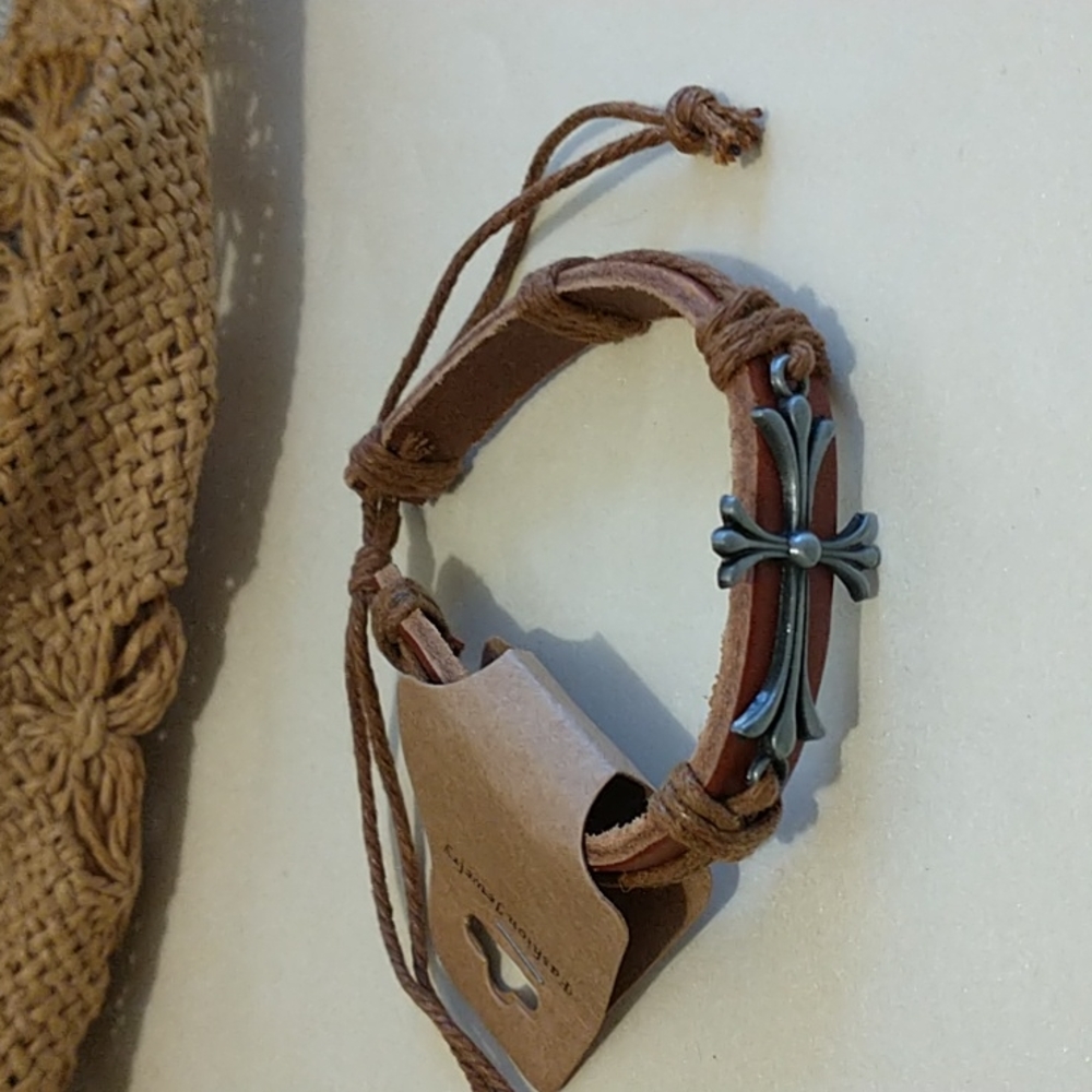 Genuine Leather Unisex Brown Cross Bracelet!